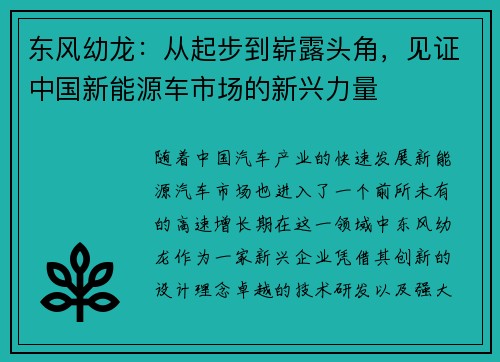 东风幼龙：从起步到崭露头角，见证中国新能源车市场的新兴力量