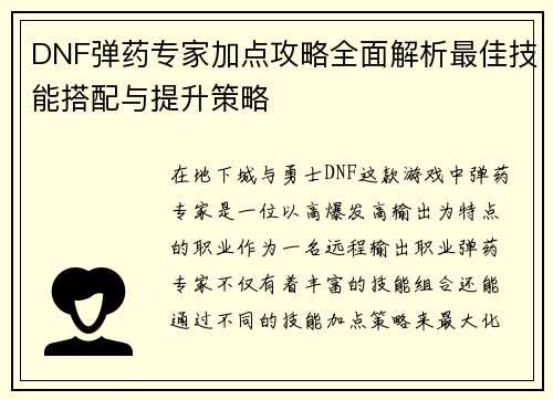 DNF弹药专家加点攻略全面解析最佳技能搭配与提升策略
