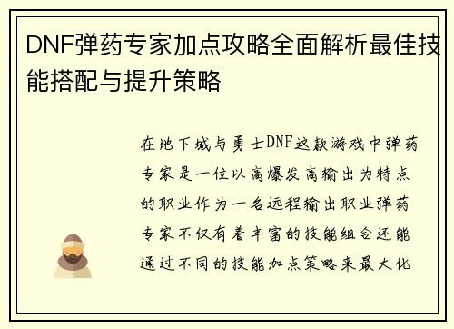 DNF弹药专家加点攻略全面解析最佳技能搭配与提升策略