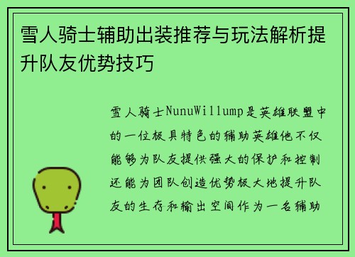 雪人骑士辅助出装推荐与玩法解析提升队友优势技巧